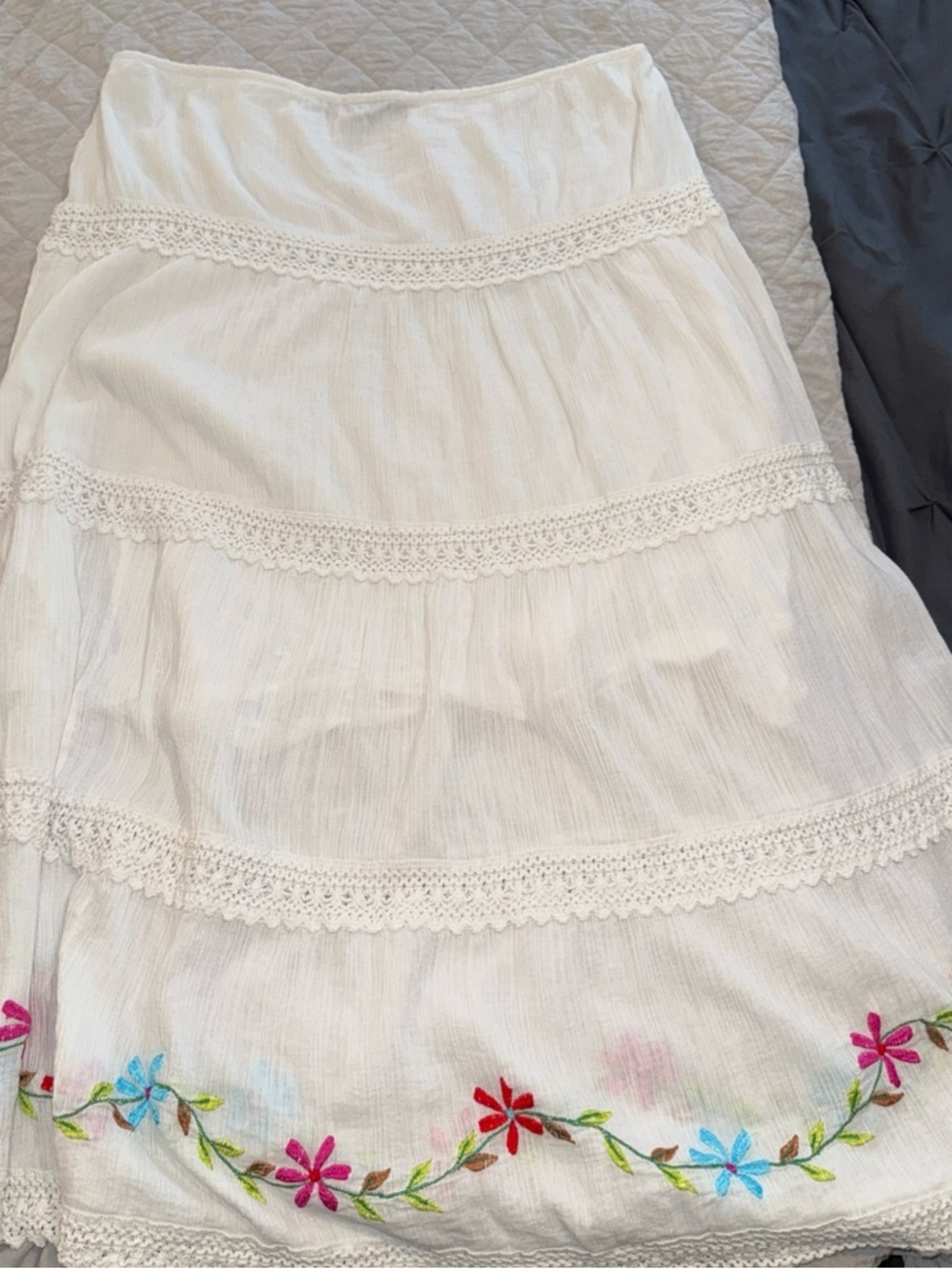 Boho White Tiered A-Line Skirt with Floral Embroidery